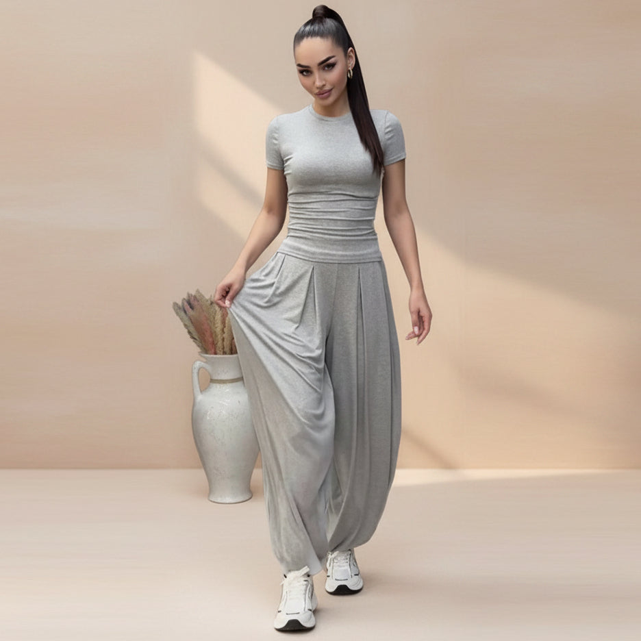 Style summer short sleeve T-shirt wide-leg pants casual elegant women's set 