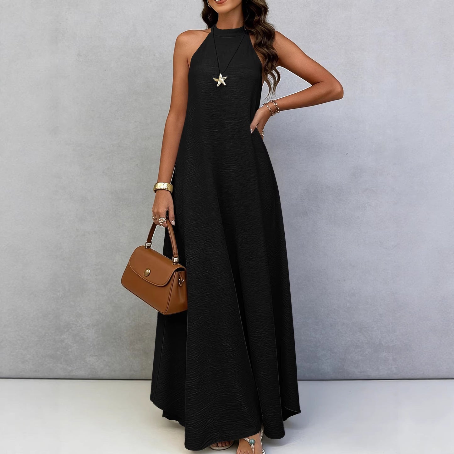 Women Summer Ice Silk Wrinkle Loose Plus Size Sleeveless Solid Color Swing Long Maxi Dress Vacation Style 