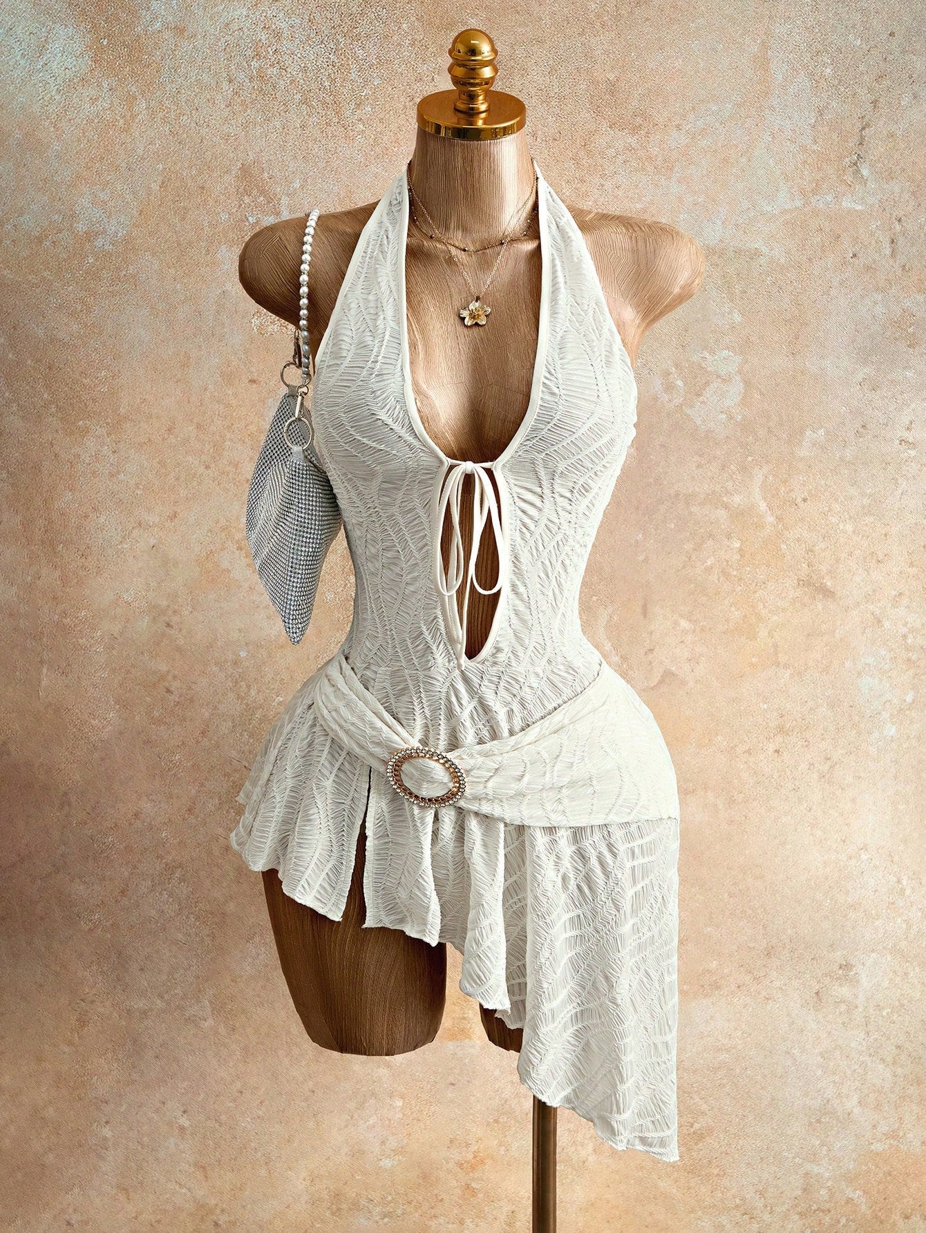 Deep V-Neck Tie-Up  Asymmetrical Dress White Strapless Irregular Hem 
