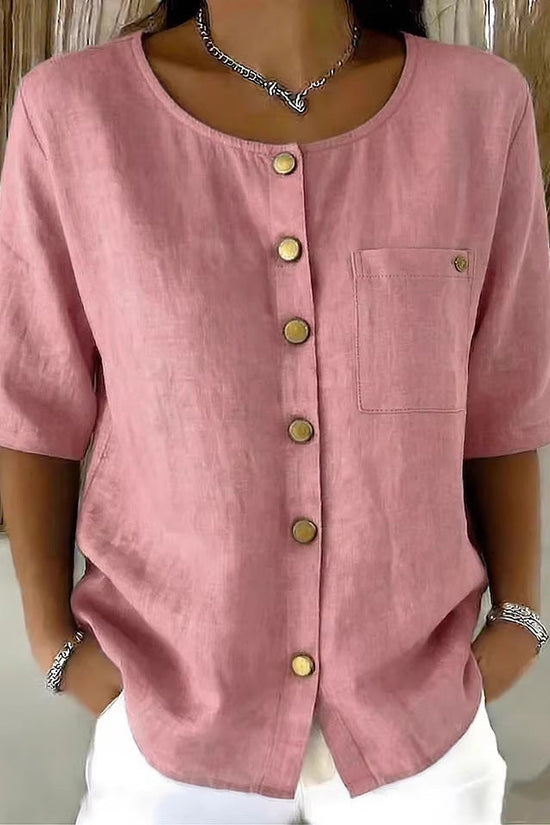 Womens Crew-Neck Shirt With Metal Buttons And Three-Quarter Sleeves 