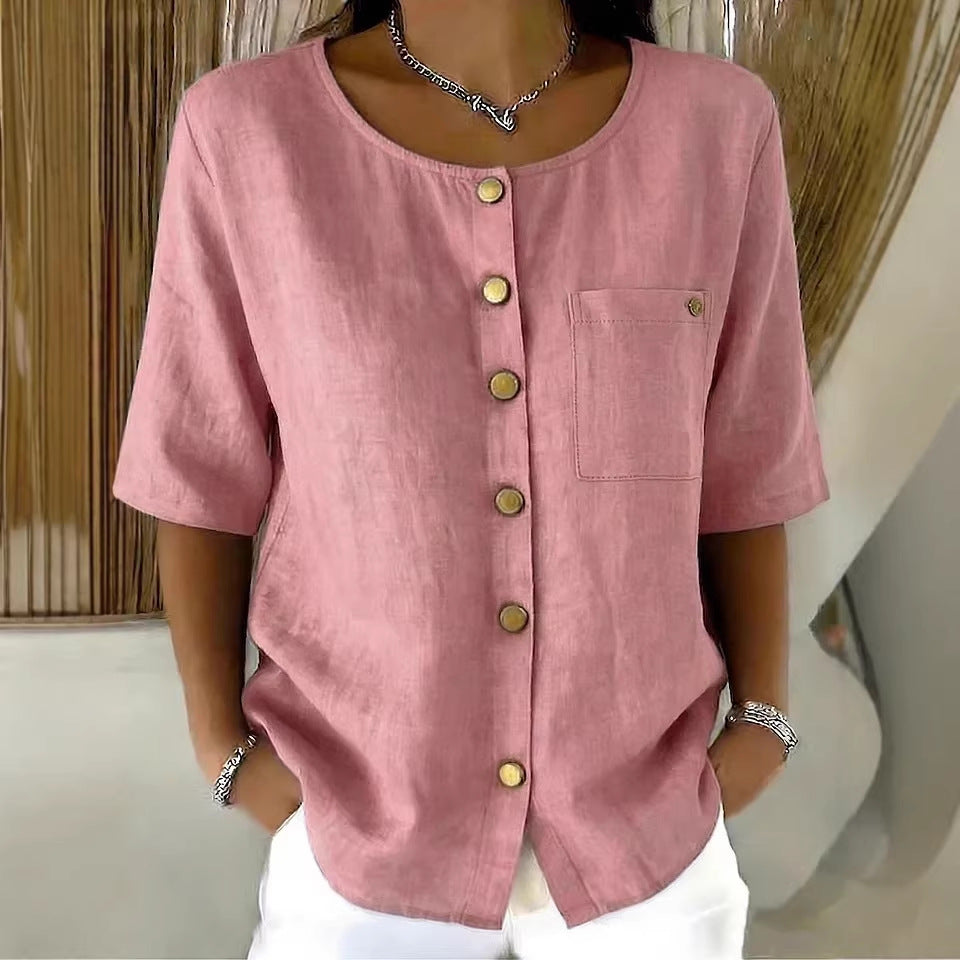Womens Crew-Neck Shirt With Metal Buttons And Three-Quarter Sleeves 