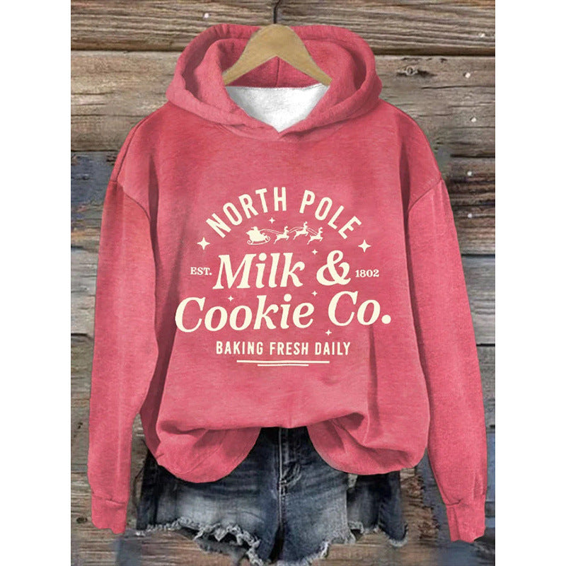 Womens Printed Hooded Long-Sleeve Pullover Sweatshirt 