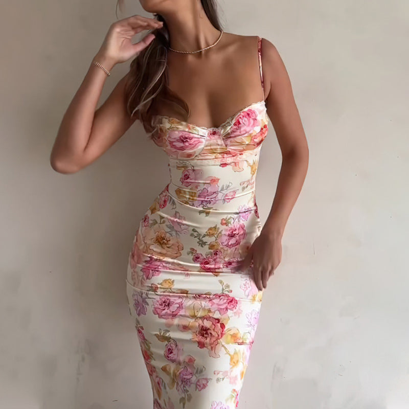 Women's Floral Bodycon Maxi Dress - Sexy Spaghetti Strap Vacation Dress 