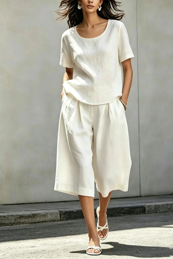 Cotton-linen Casual Loose-fitting Short-sleeve Top And Shorts Set 