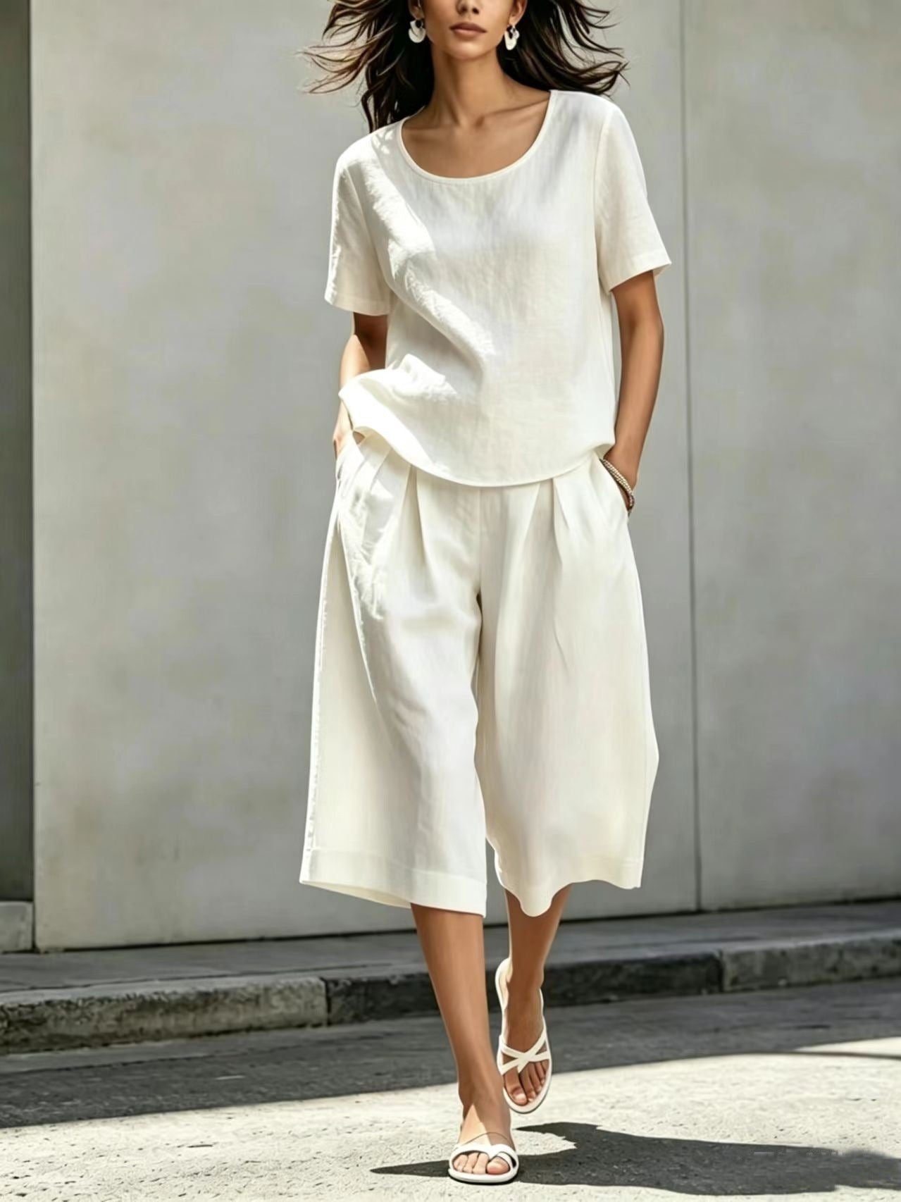 Cotton-linen Casual Loose-fitting Short-sleeve Top And Shorts Set 