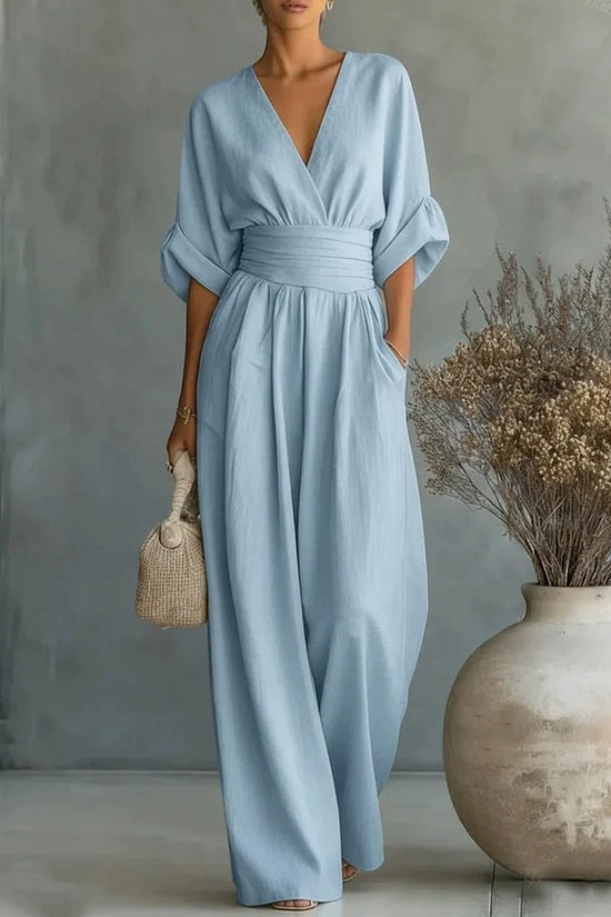 Summer Short-sleeved Jumpsuit Fashion Casual V-Neck Wide-Leg Pants Womens Clothing 