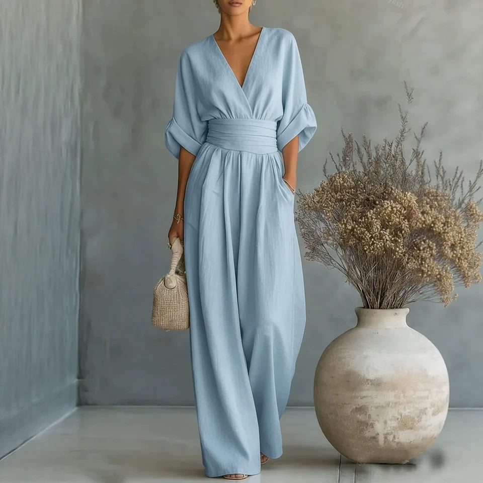 Summer Short-sleeved Jumpsuit Fashion Casual V-Neck Wide-Leg Pants Womens Clothing 