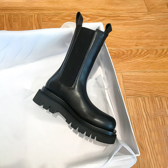 Mid-calf Thick-soled Women's Leather Boots In British Style 