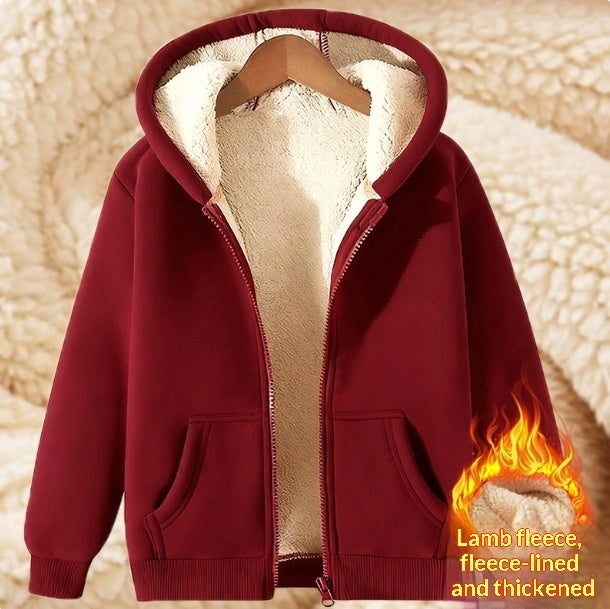 Women's Simple Solid Color Cold-proof Warm Berber Fleece Hooded Jacket 