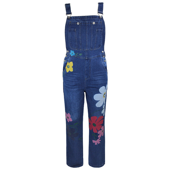 Summer Printed Overalls Denim Pants with Ripped Details, Loose Straight Leg Casual Stylish Versatile Long Pants for Women 