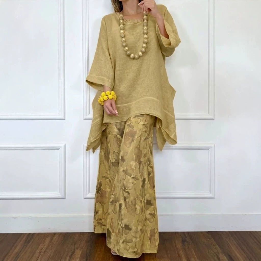 Womens Casual Cotton-Linen Irregular Top And Wide-Leg Pants Set 