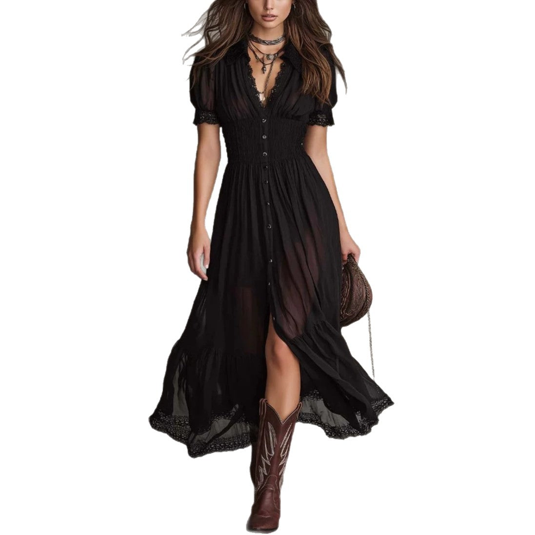 Cropped V-Neck Shirt Dress with Ruffled Hem and Side Slit, Dark Chic Style, Body-Con Fit, Long Skirt 