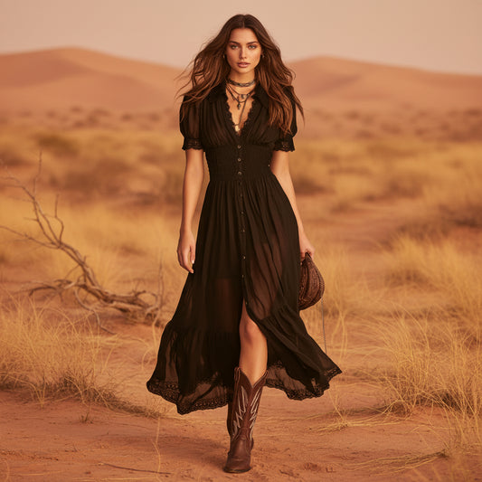 Cropped V-Neck Shirt Dress with Ruffled Hem and Side Slit, Dark Chic Style, Body-Con Fit, Long Skirt 