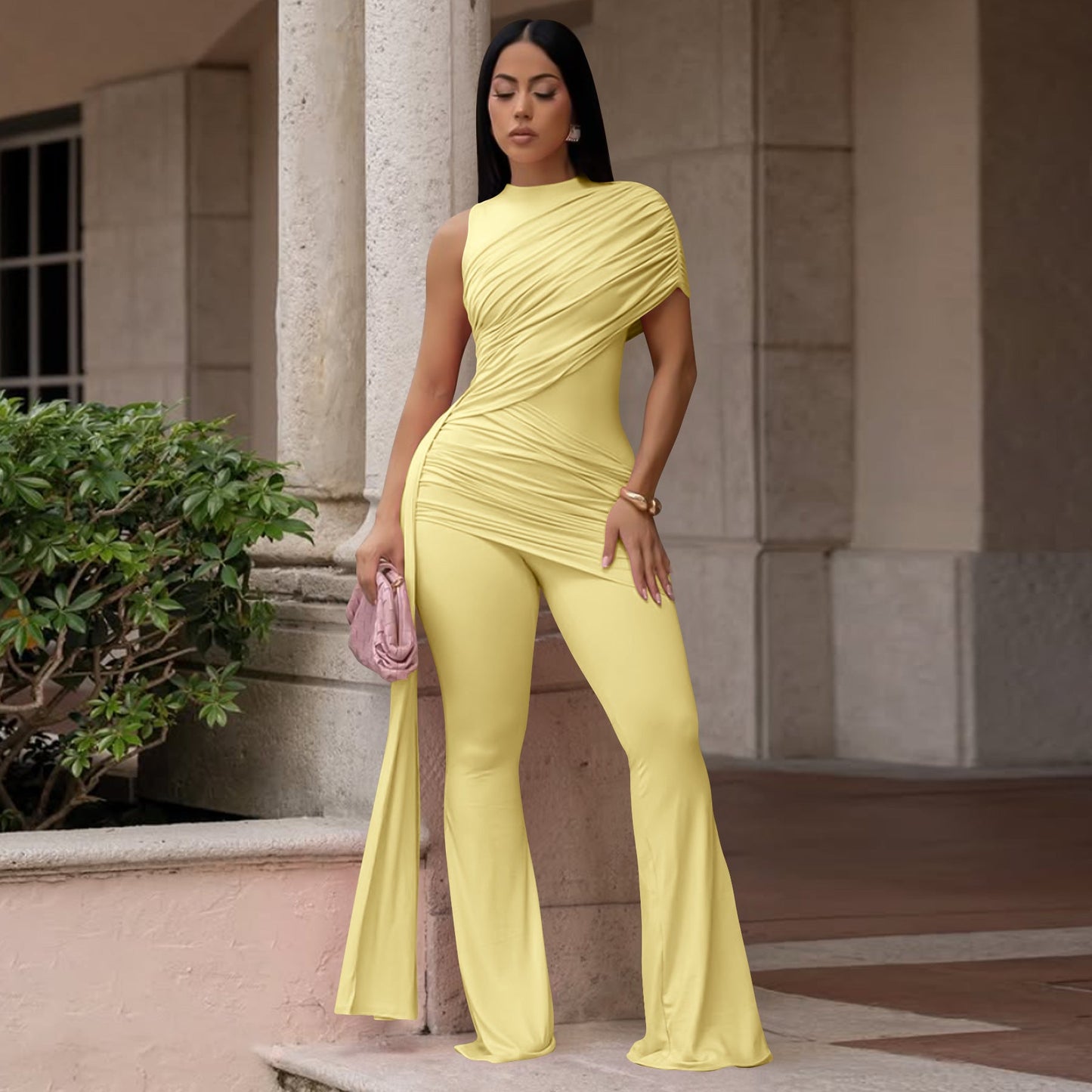 Sexy Crew-Neck Pleated Ribbon Jumpsuit 