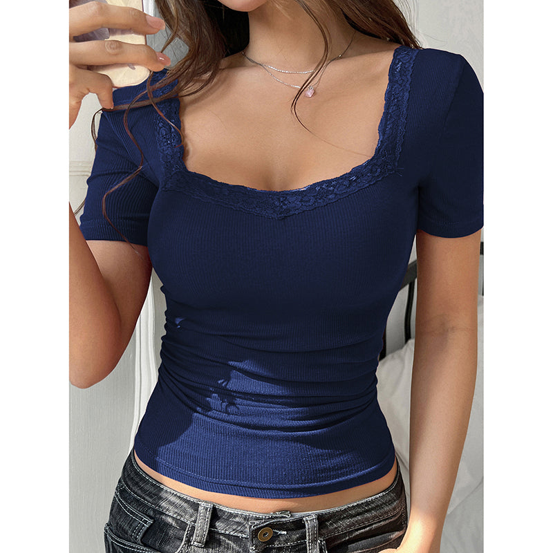 Women's Y2K Lace Trim Tee - Slim Fit U Neck Short Sleeve Top 