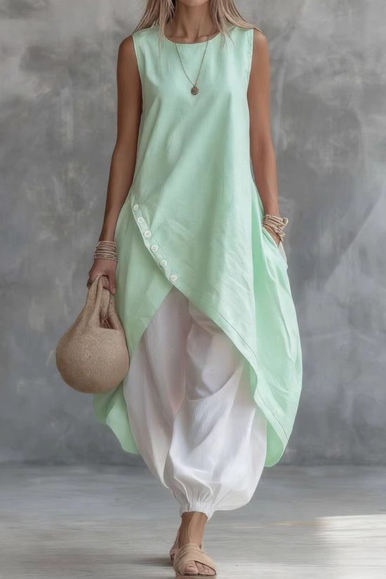 Solid Color Sleeveless Loose Pocketed Mid-Length Dress Set 