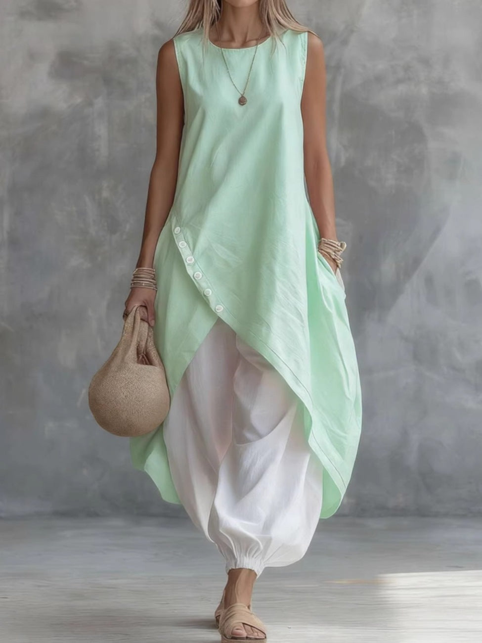 Solid Color Sleeveless Loose Pocketed Mid-Length Dress Set 