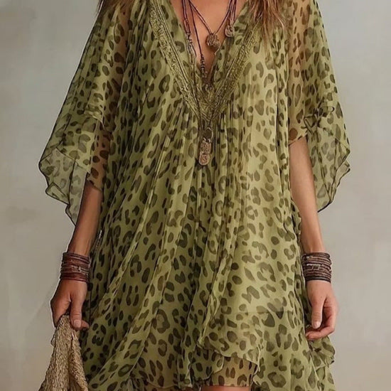 V-neck chiffon dress beach vacation cover shirt leopard print beach skirt 