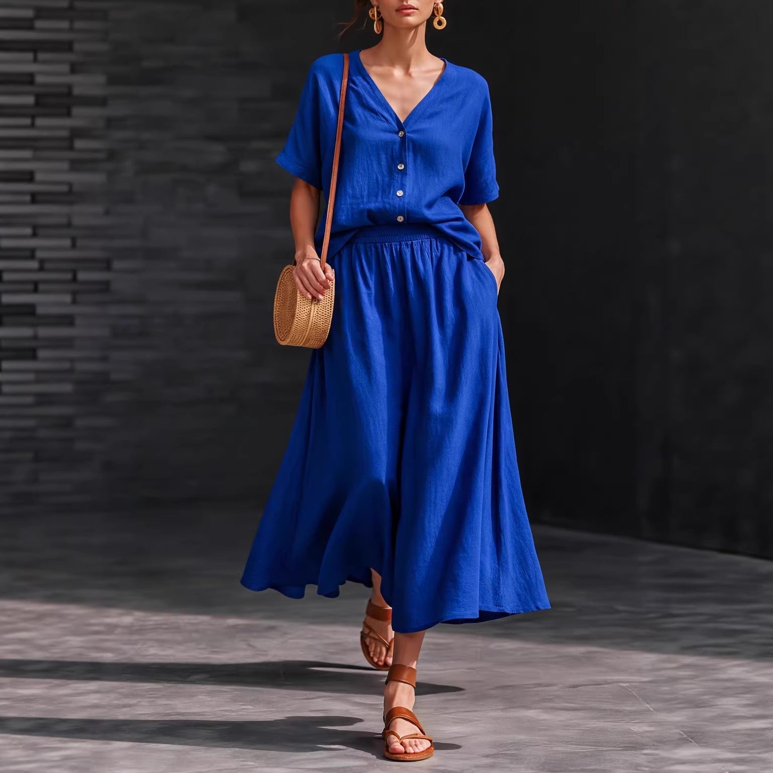 Cotton-linen V-neck Button-up Short-sleeve Top And Skirt Set 