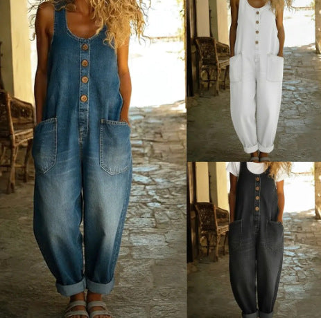 Women's Buckle Jumpsuit Casual Retro Multi-Pocket Overalls Pants 