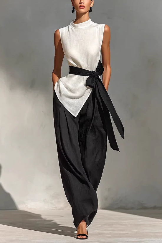 Two piece set of lace up sleeveless top and wide leg pants 