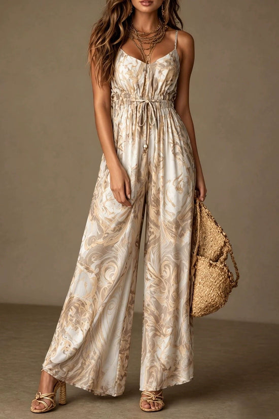 Printed camisole backless loose wide leg jumpsuit
