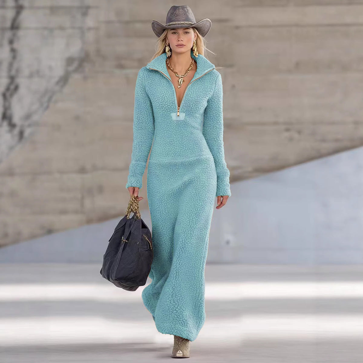 Stand up collar long sleeved dress for women 