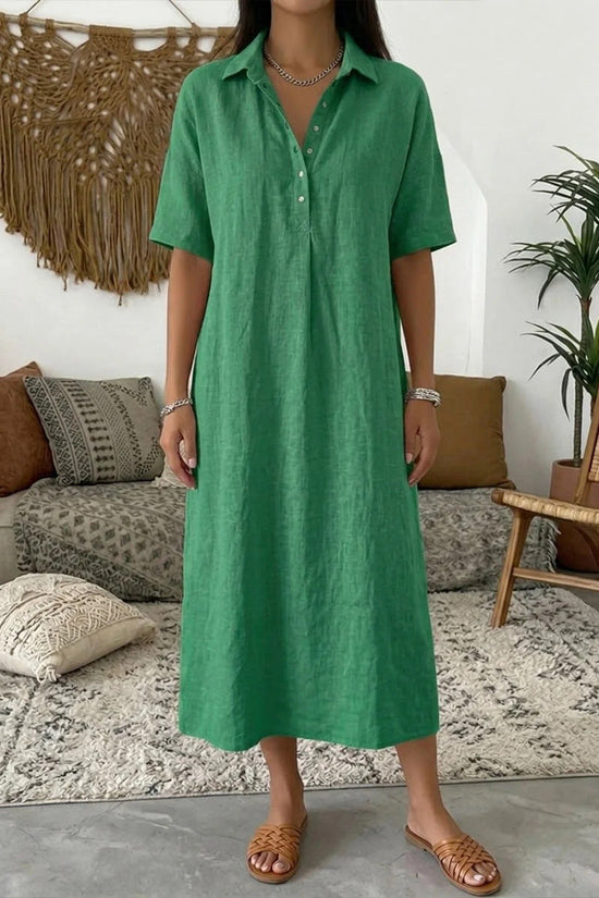 Casual Straight Fit Comfortable Linen Short Sleeve Polo Neck Dress for Women 