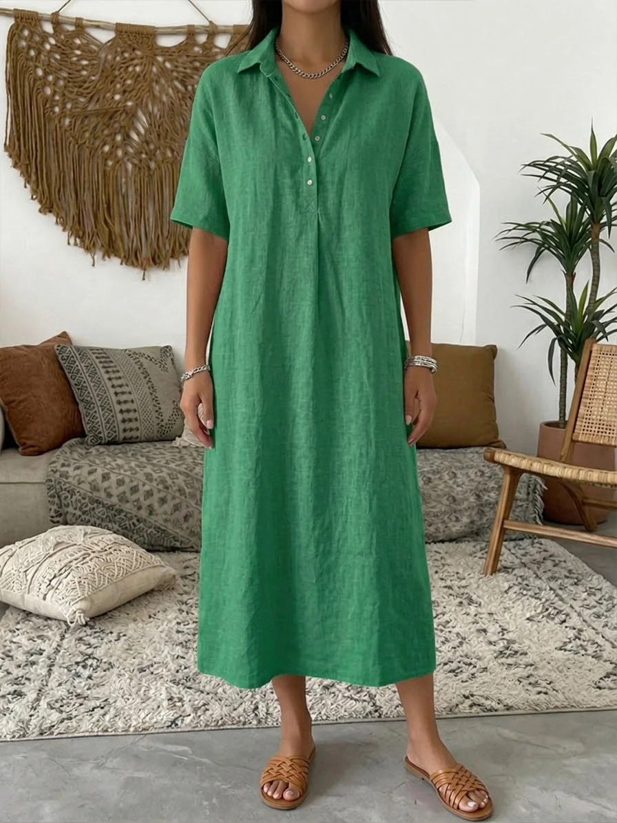 Casual Straight Fit Comfortable Linen Short Sleeve Polo Neck Dress for Women 