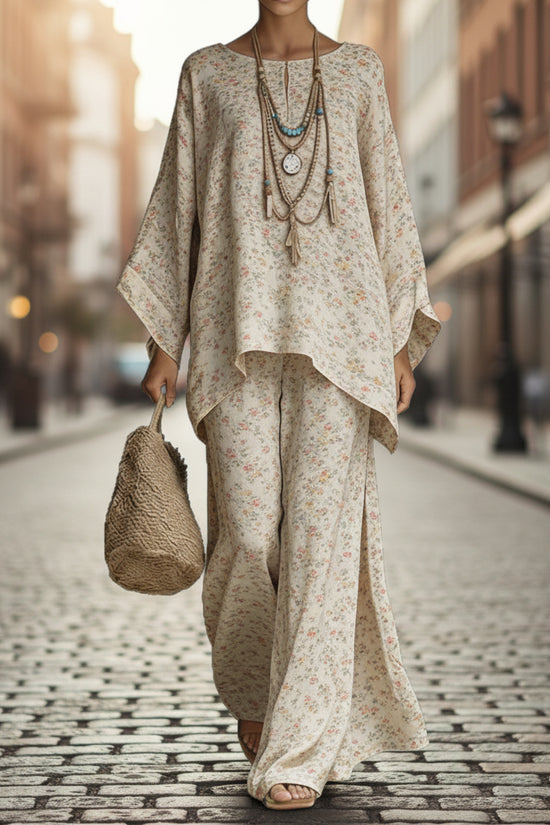 Women's Floral Print Linen Wide-Leg Two-Piece Set 
