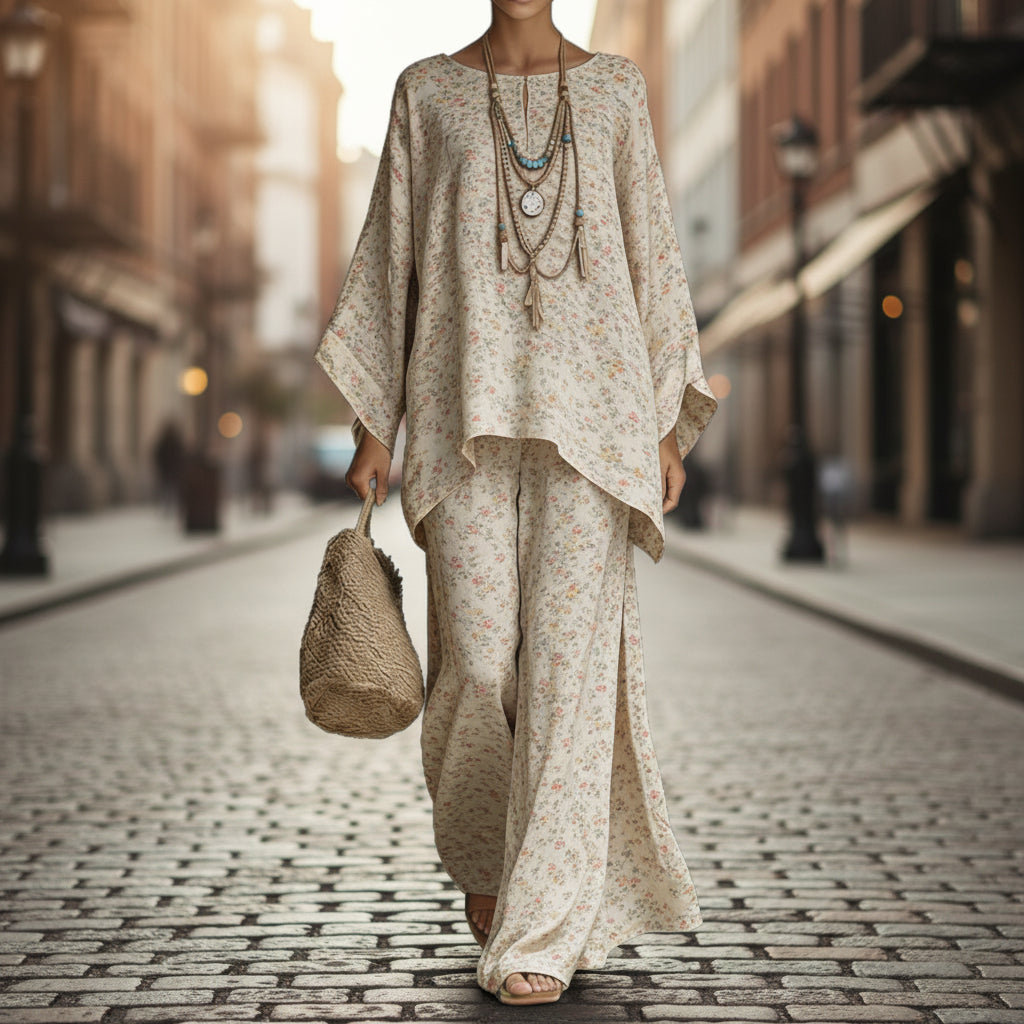 Women's Floral Print Linen Wide-Leg Two-Piece Set 