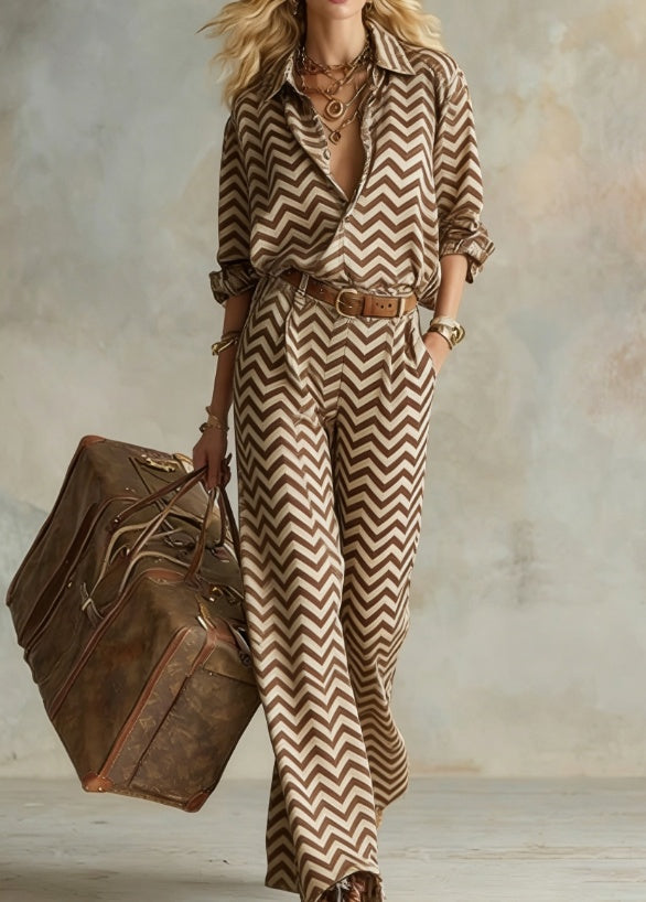 Vertical Striped Collared Loose Long-sleeved Shirt And Wide-leg Pants Suit 