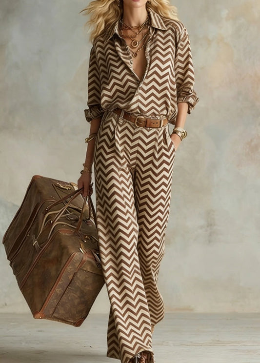 Vertical Striped Collared Loose Long-sleeved Shirt And Wide-leg Pants Suit 
