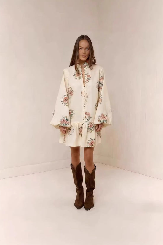 Digital-print Lantern Sleeve Linen Midi Dress 