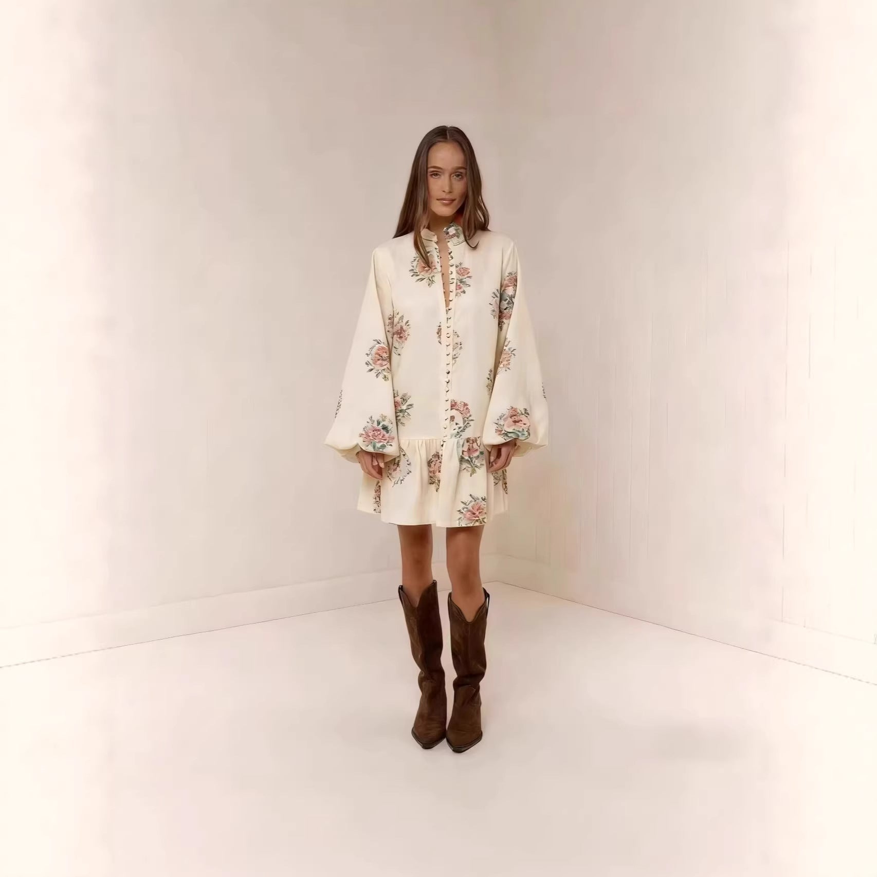 Digital-print Lantern Sleeve Linen Midi Dress 