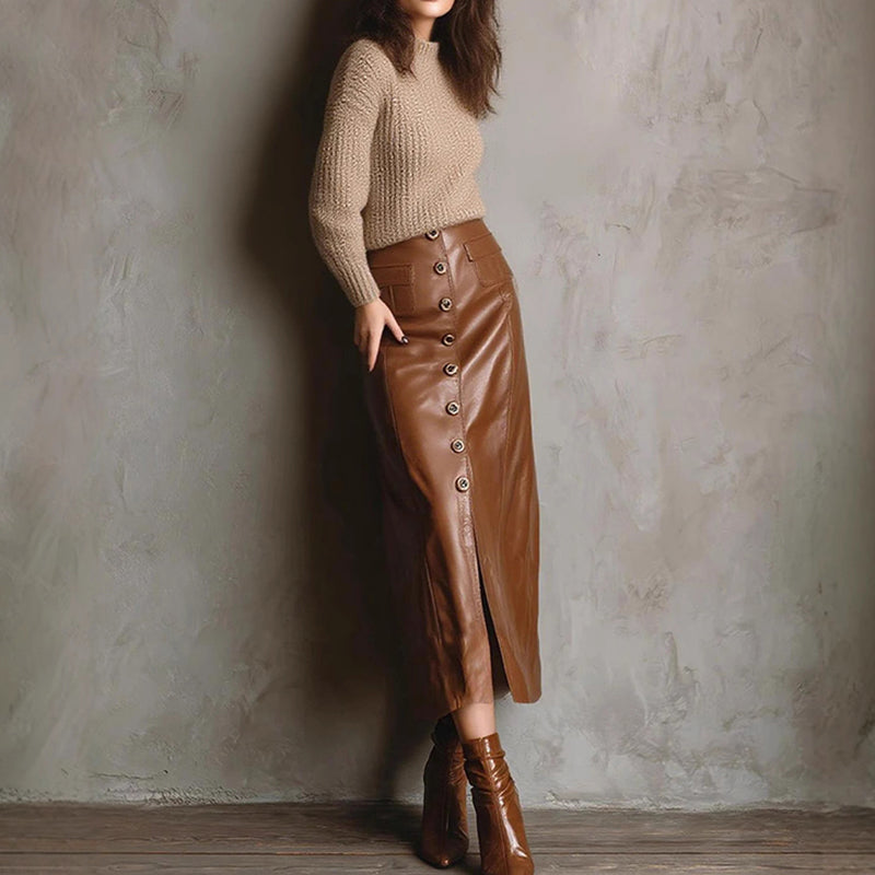 Women's Faux Leather Bodycon Skirt - High Waisted Slim Fit Midi Skirt With Front Slit & Button Decor 