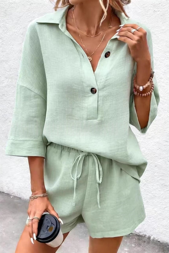 Notch-lapel Short-sleeve Belted Shorts Casual Set 