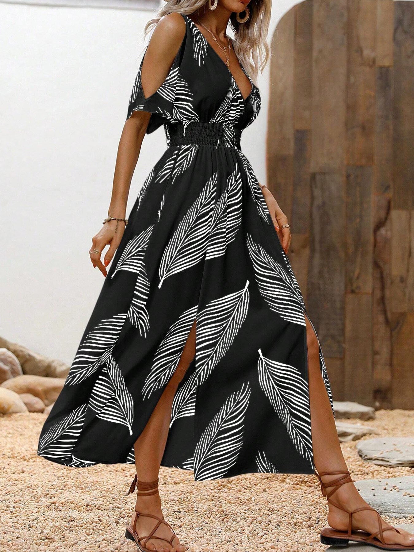 Women’s Off-Shoulder Cross V-Neck Maxi Dress CJ US