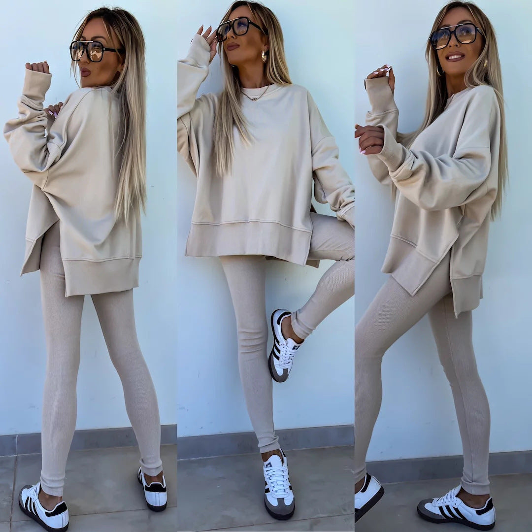 Sweater Suit Women's Casual Loose Long Sleeve Crew Neck Split Top Tight Trousers 