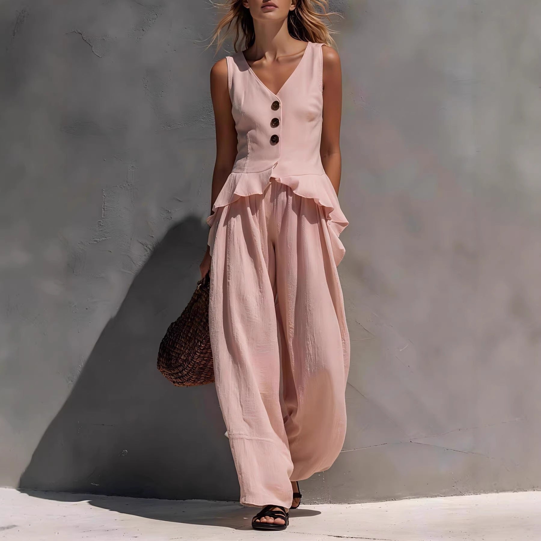 Sleeveless V-neck Ruffled Tank Top Draping Wide-leg Pants Two-piece Set 
