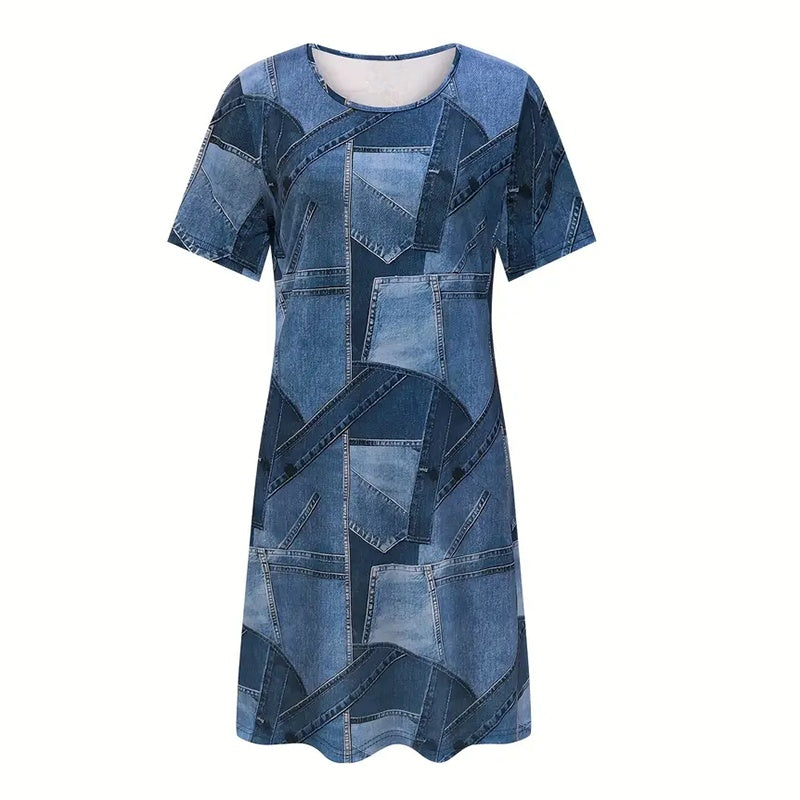 Women's Plus Size Denim Short Sleeve Dress - Digital Print Casual Spring & Summer Dress CJ US