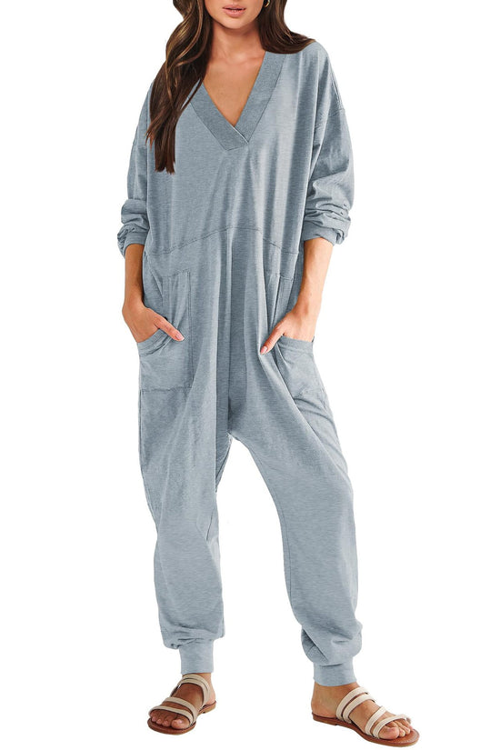 Women's V-neck Long Sleeve Solid Color Loose Jumpsuit With Two Side Pockets 