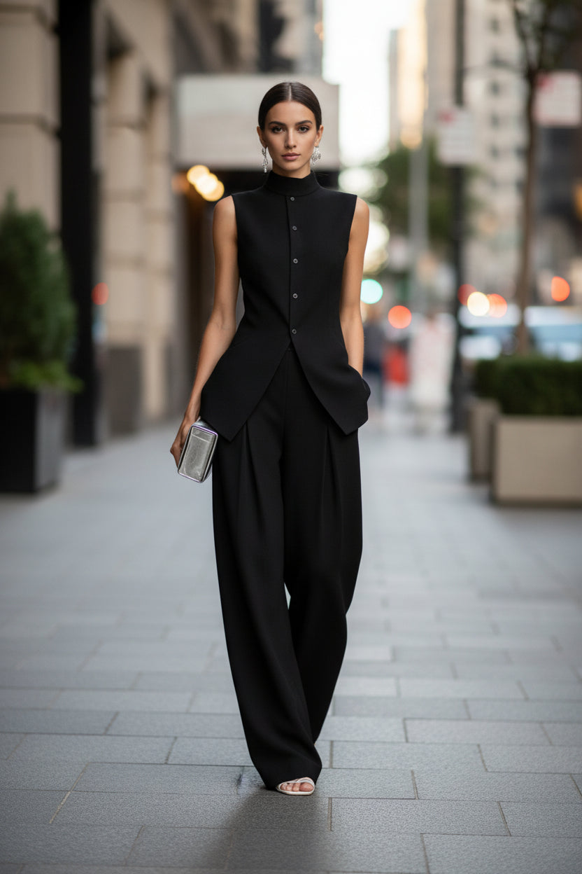 Solid color sleeveless pants set 