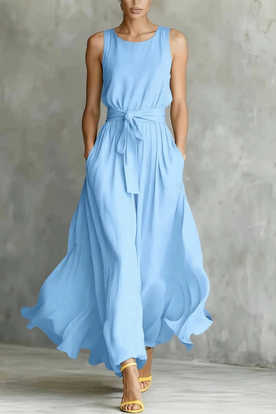 Womens Waist-Cinching Lace-Up Sleeveless Dress 