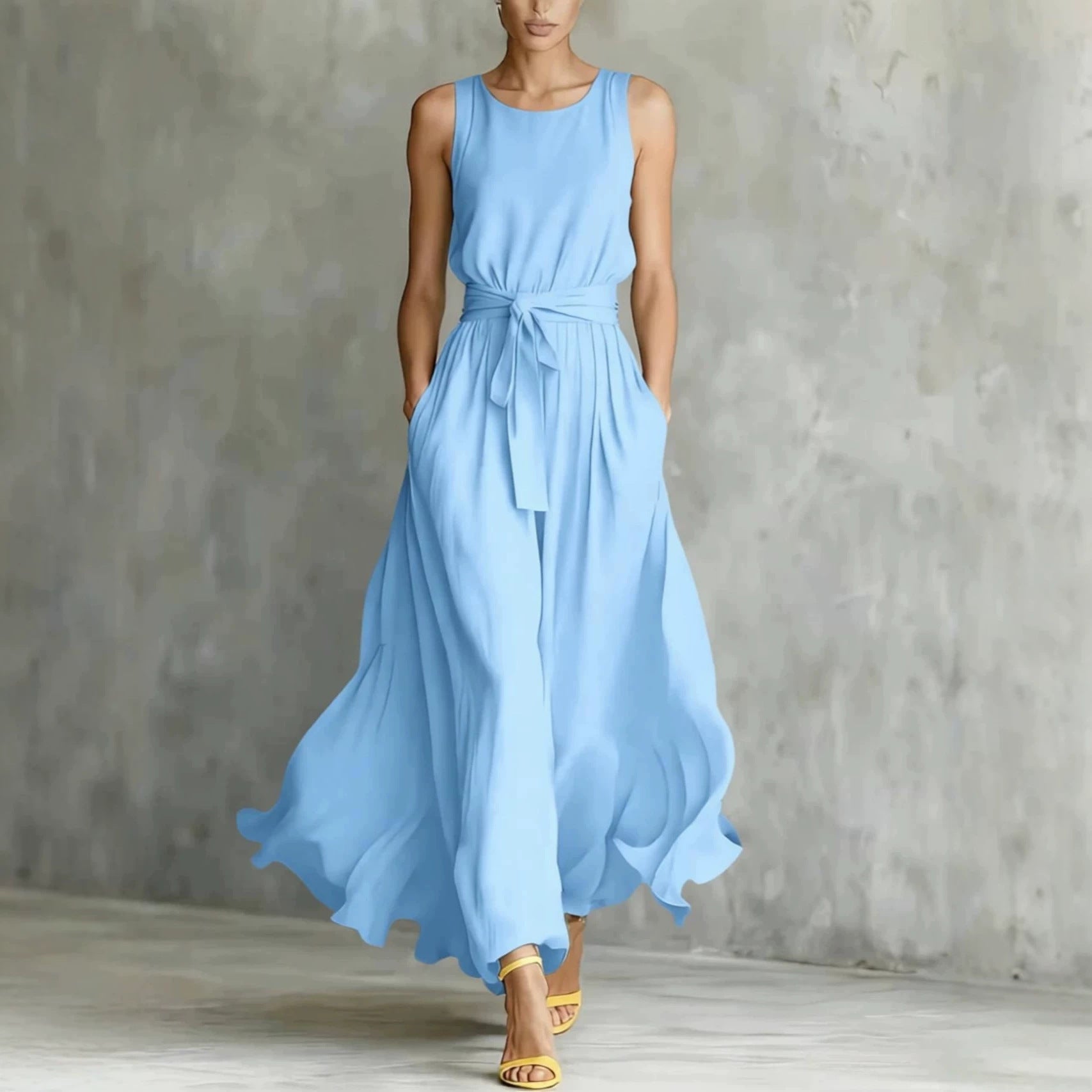 Womens Waist-Cinching Lace-Up Sleeveless Dress 