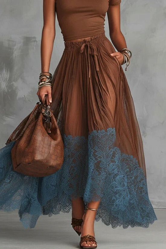 Short-sleeve Top And Lace-panel Midi Skirt Set 