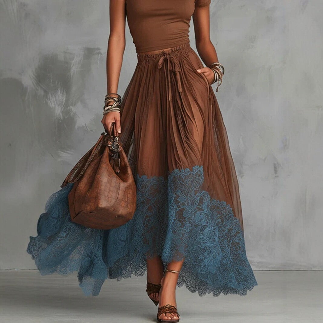 Short-sleeve Top And Lace-panel Midi Skirt Set 