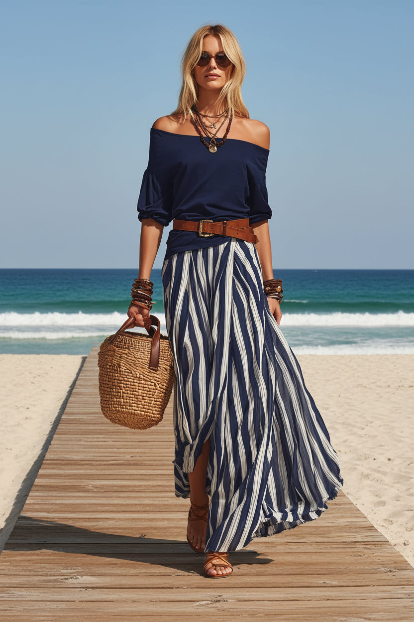Off-shoulder Top And Slit Skirt Womens Set 