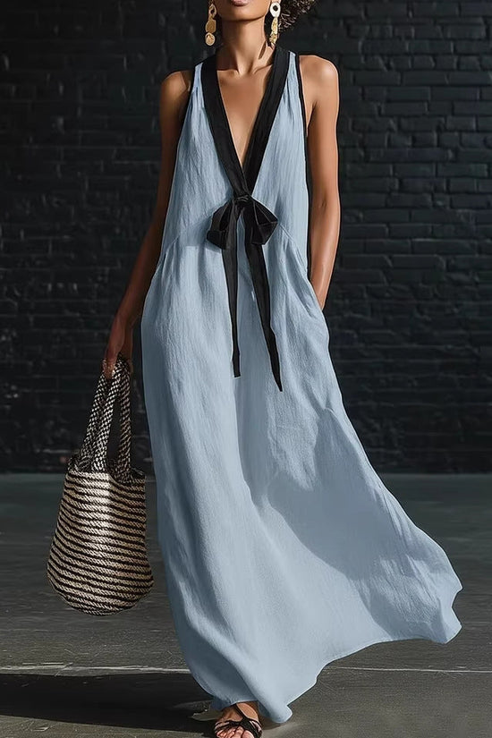 V-neck Strapless Sleeveless Resort-Style Long Simple Elegant Dress 