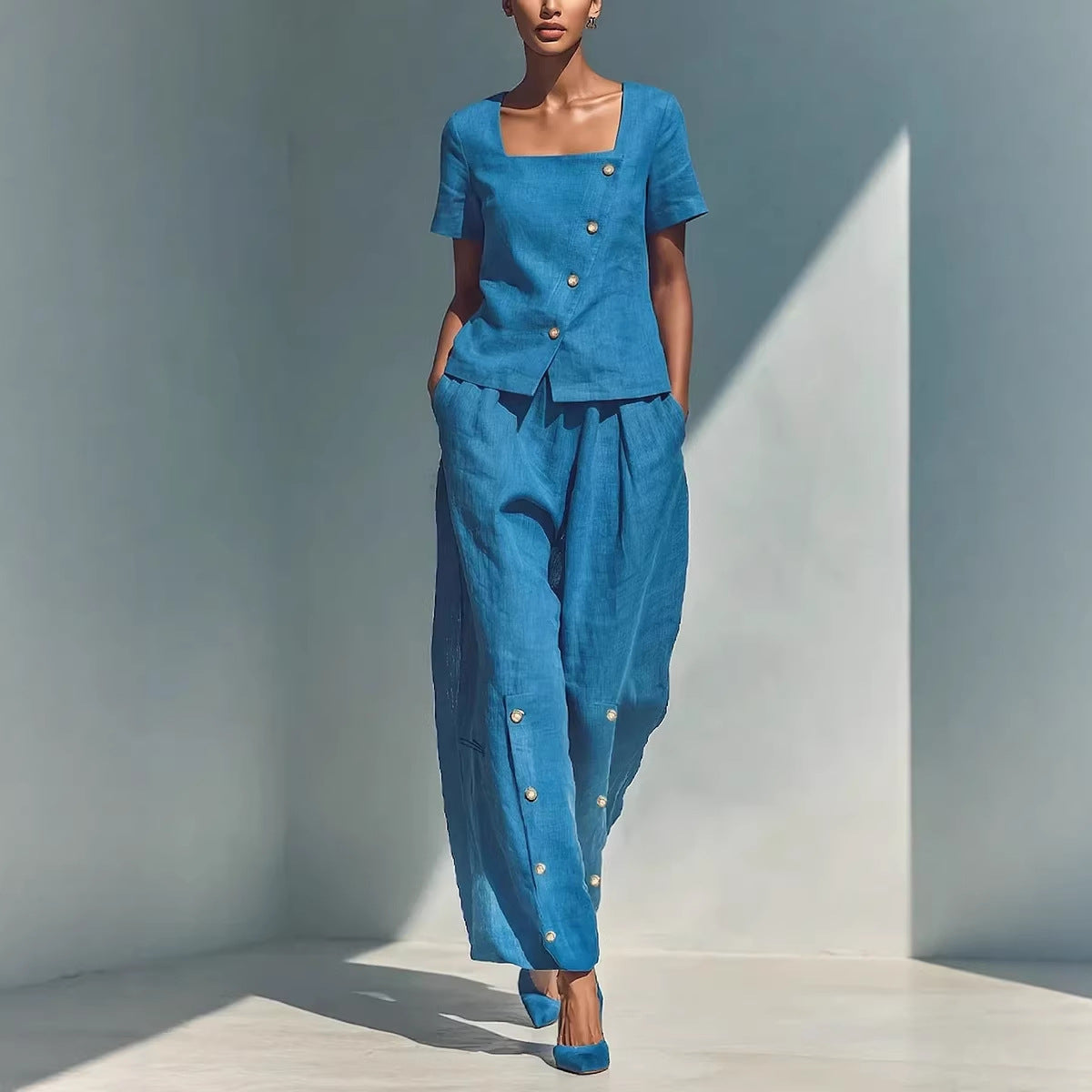 Womens Loose Short-Sleeve Top And High-Waist Pants Two-Piece Set 